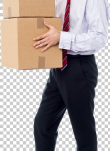 Corporate man holding stack of parcel boxes