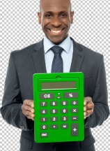 Corporate man showing big green calculator
