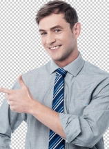 Cheerful young man pointing at something