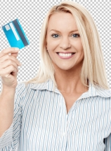 Smiling female model holding up credit card.