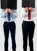 Businessmen hiding their faces with files