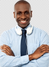 Smiling young guy hanging headphones in his neck