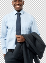 African smiling businessman, hands in pockets