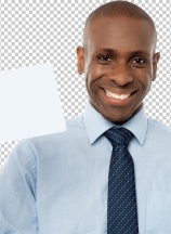 Smiling african man holding blank white card