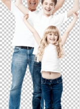 Excited family with arms up