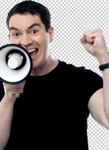 Middle aged man posing with megaphone