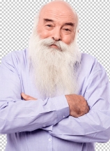 Hoary old man with crossed arms over white
