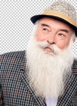 Old man with hat, looking up.