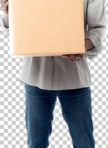 Smiling aged holding carton box