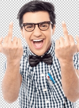 Cheerful man giving the middle finger