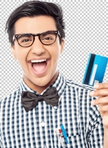 Laughing guy holding credit card