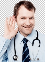 Physician listening with his hand on an ear