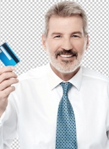 Smiling male executive showing debit card